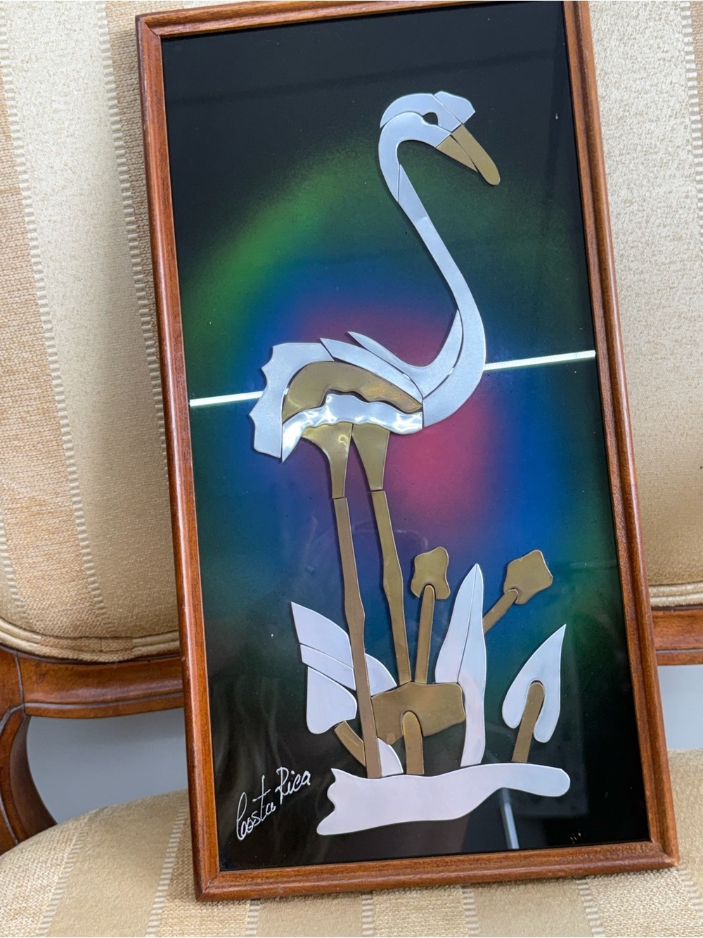 Vintage Mixed Metal Folk Art Flamingo Heron Handmade in Costa Rica